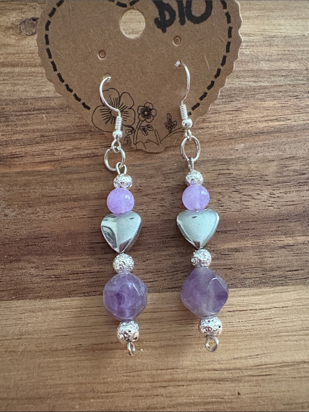 Handmade Silver Heart Beaded Drop Earrings- Amethyst & Dyed Quartz